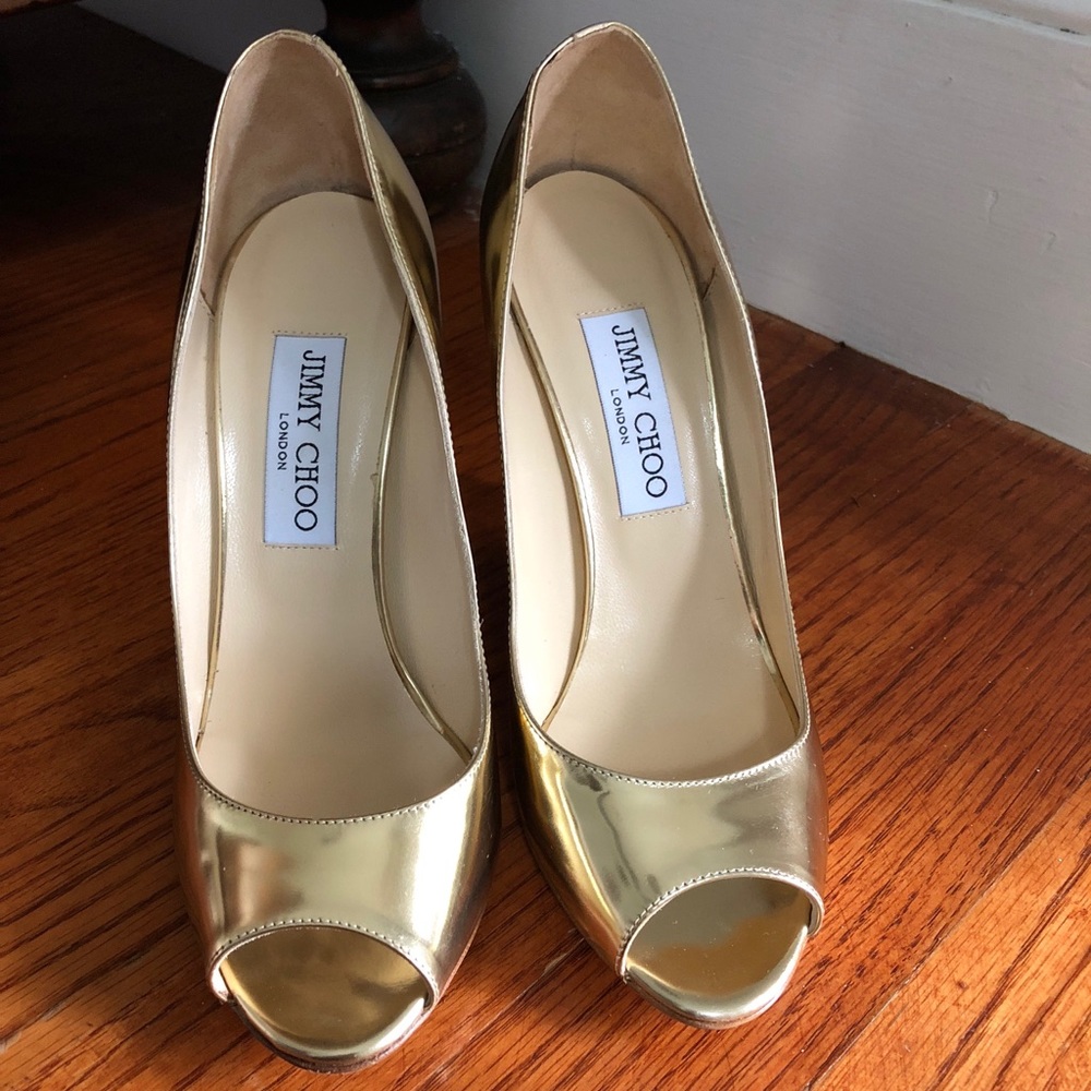 Jimmy Choo Bello Mirror Leather Gold Wedge NIB